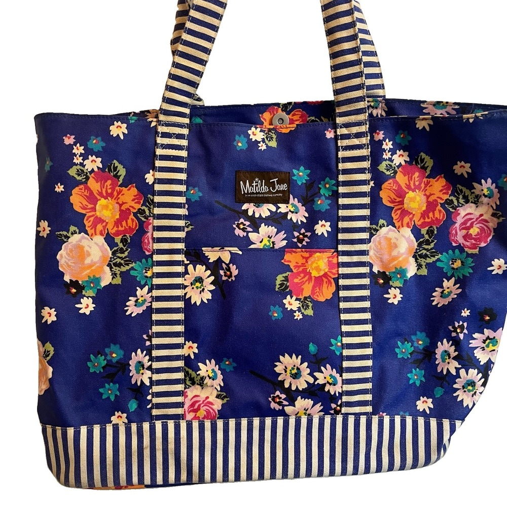 Matilda Jane Canvas Tote Blue Floral Striped Double Handles Front Pocket 20x12"